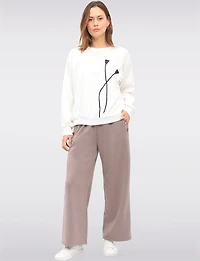 Floral Appliqué Soft Knit Sweater with Round Neck & Gathered Hem by Froccella