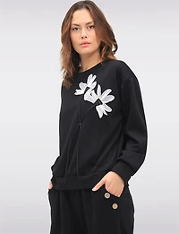 Floral Appliqué Soft Knit Sweater with Round Neck & Gathered Hem by Froccella