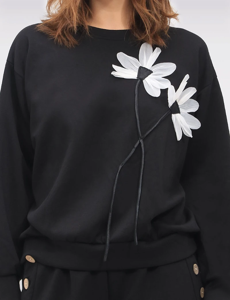 Floral Appliqué Soft Knit Sweater with Round Neck & Gathered Hem by Froccella