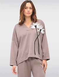Casual Floral Appliqué V-Neck Sweater with Gathers at Hem & Cuffs by Froccella