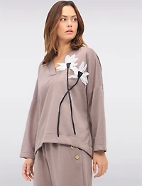 Casual Floral Appliqué V-Neck Sweater with Gathers at Hem & Cuffs by Froccella