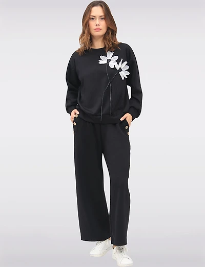 Stretch Wide-Leg Pull-On Pants with Pockets & Side Button Detail by Froccella