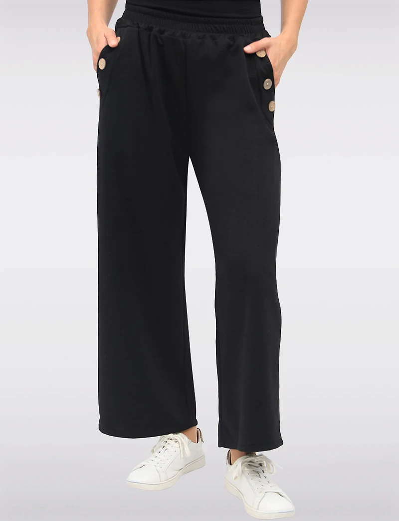 Stretch Wide-Leg Pull-On Pants with Pockets & Side Button Detail by Froccella