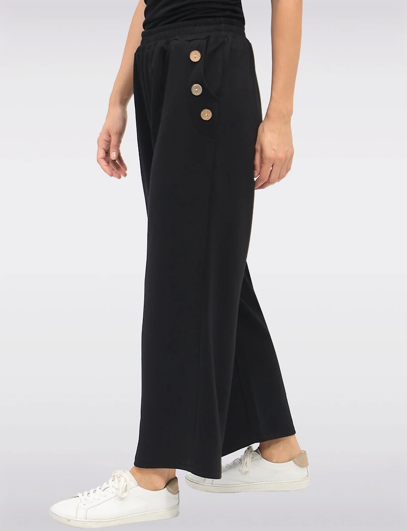 Stretch Wide-Leg Pull-On Pants with Pockets & Side Button Detail by Froccella