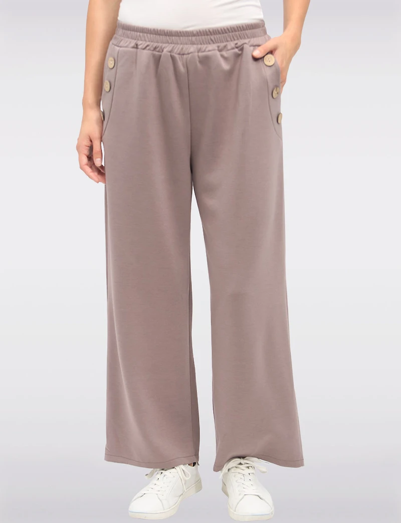 Stretch Wide-Leg Pull-On Pants with Pockets & Side Button Detail by Froccella