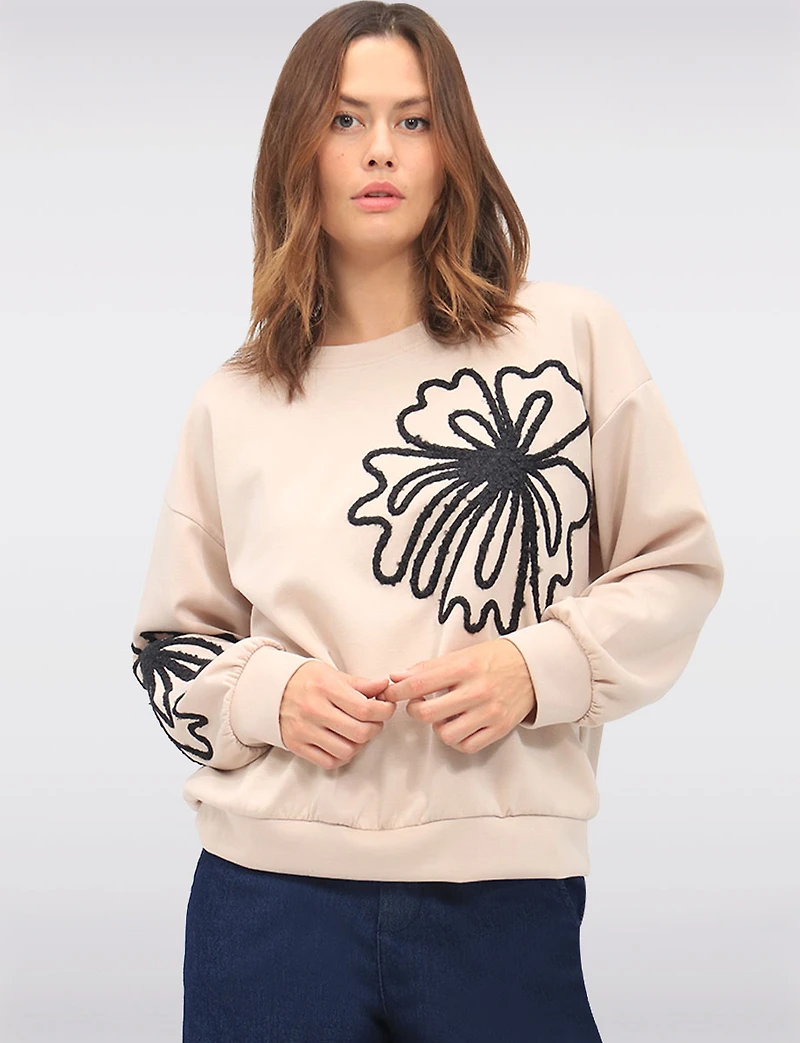 Stretch Textured Bouclé Flower Accent Sweater with Gathered Cuffs by Froccella
