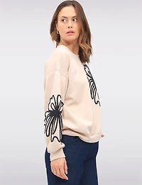 Stretch Textured Bouclé Flower Accent Sweater with Gathered Cuffs by Froccella