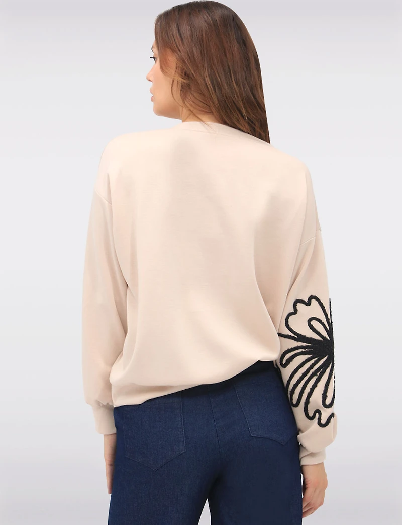 Stretch Textured Bouclé Flower Accent Sweater with Gathered Cuffs by Froccella