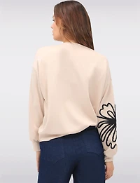 Stretch Textured Bouclé Flower Accent Sweater with Gathered Cuffs by Froccella