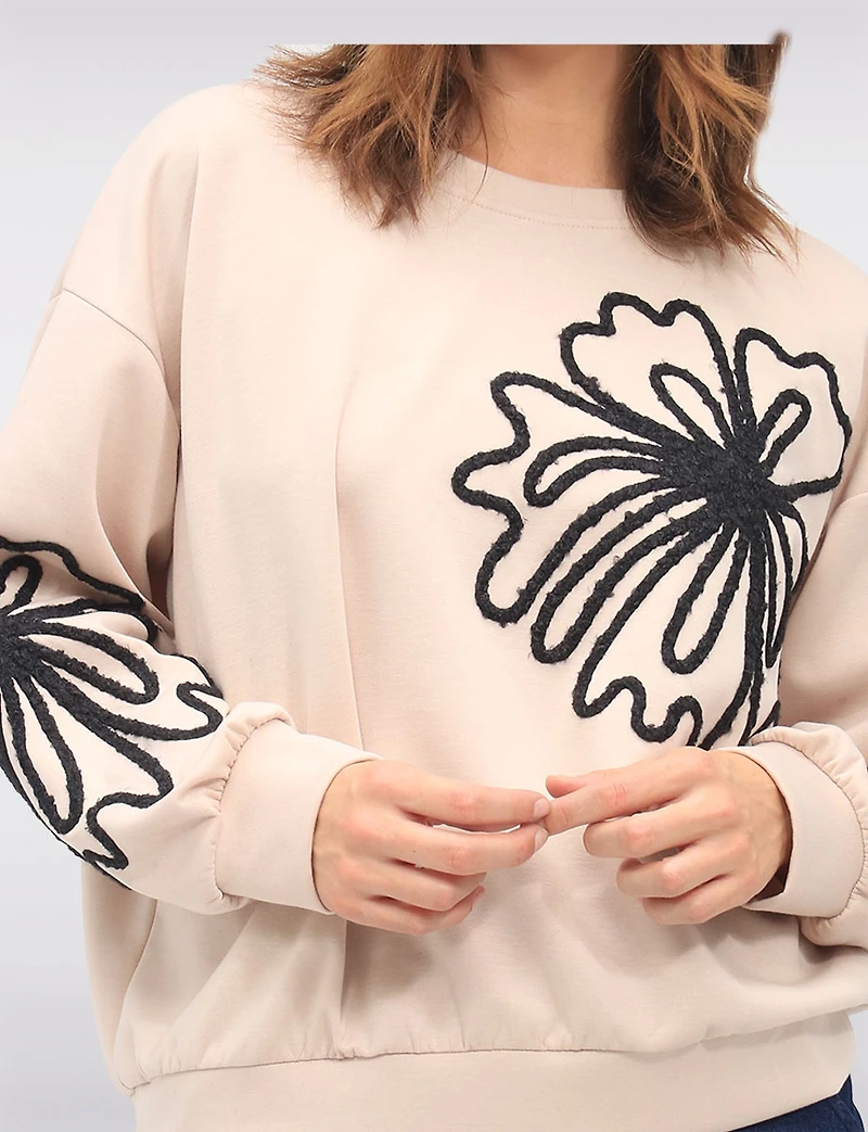 Stretch Textured Bouclé Flower Accent Sweater with Gathered Cuffs by Froccella