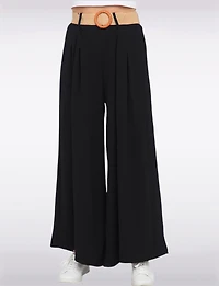 Lightweight Stretch Flowy Wide-Leg Pull-On Pants Straw-Buckle Belt by Froccella
