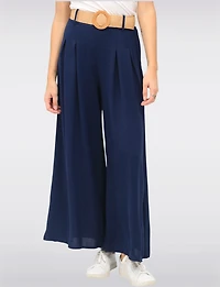 Lightweight Stretch Flowy Wide-Leg Pull-On Pants Straw-Buckle Belt by Froccella