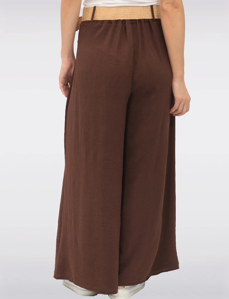Lightweight Stretch Flowy Wide-Leg Pull-On Pants Straw-Buckle Belt by Froccella