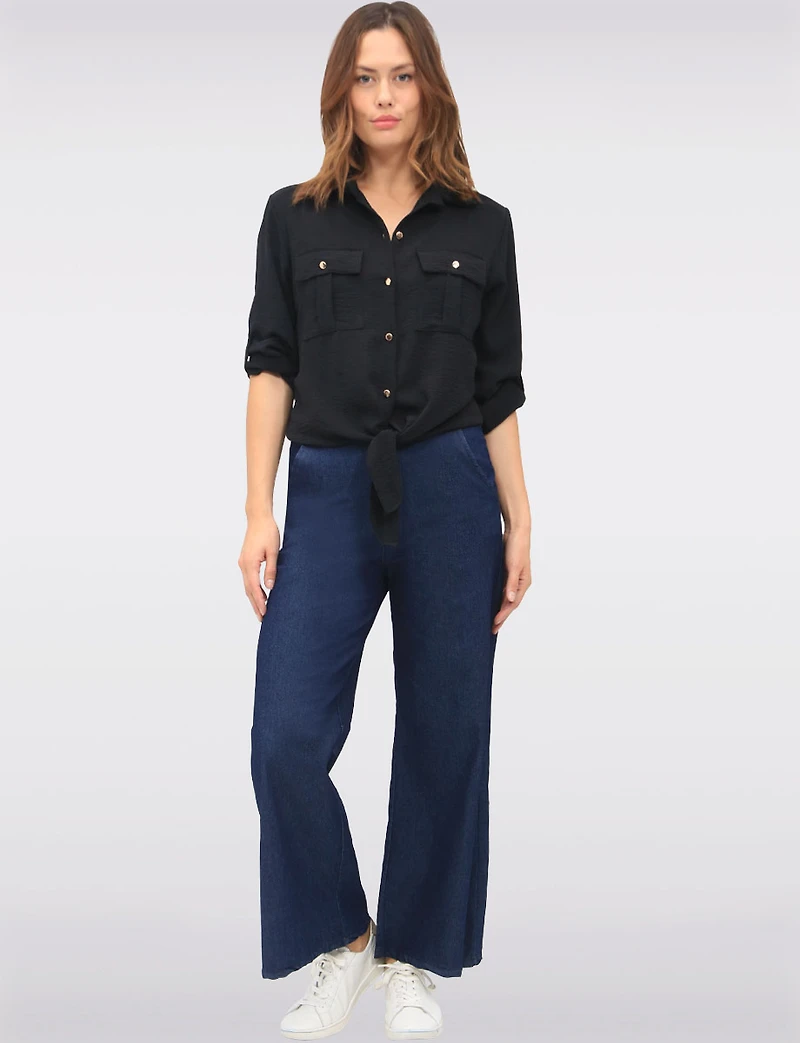 Elegant Button-Up Tie-Front Blouse with Adjustable Sleeves & Collar by Froccella