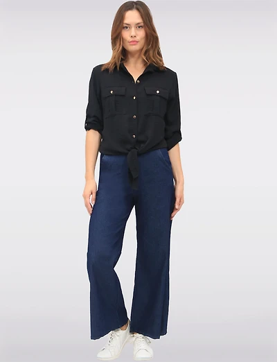 Elegant Button-Up Tie-Front Blouse with Adjustable Sleeves & Collar by Froccella