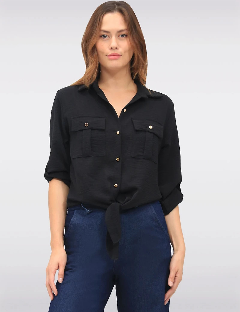 Elegant Button-Up Tie-Front Blouse with Adjustable Sleeves & Collar by Froccella