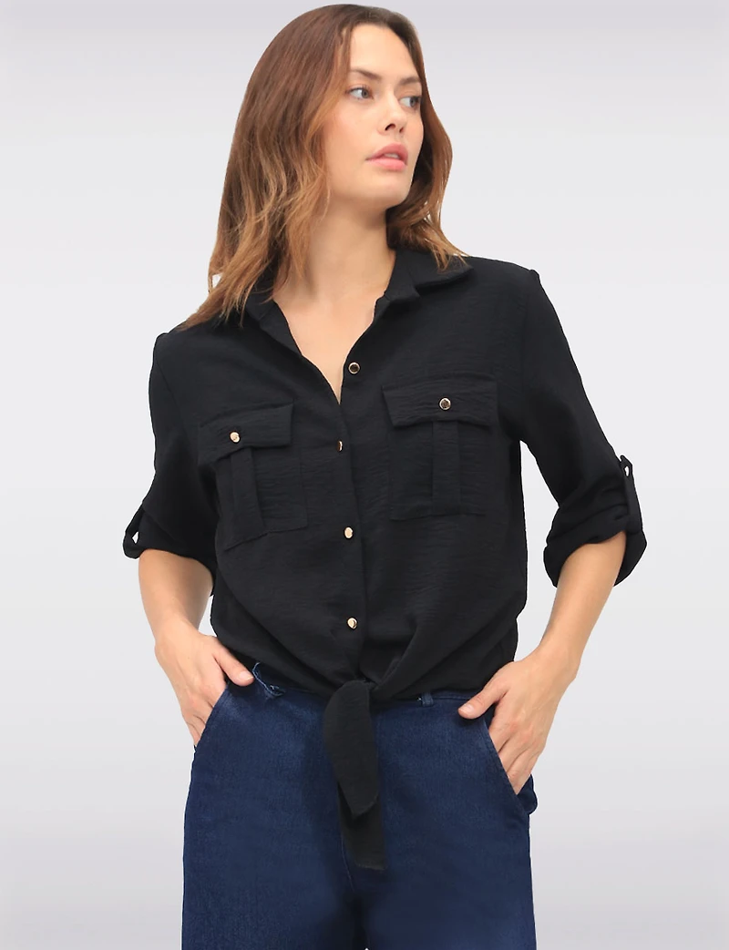 Elegant Button-Up Tie-Front Blouse with Adjustable Sleeves & Collar by Froccella