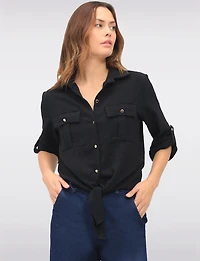 Elegant Button-Up Tie-Front Blouse with Adjustable Sleeves & Collar by Froccella