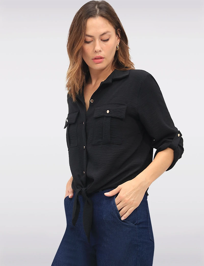 Elegant Button-Up Tie-Front Blouse with Adjustable Sleeves & Collar by Froccella