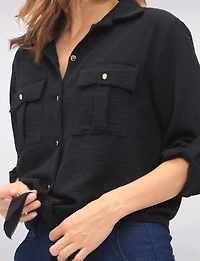 Elegant Button-Up Tie-Front Blouse with Adjustable Sleeves & Collar by Froccella