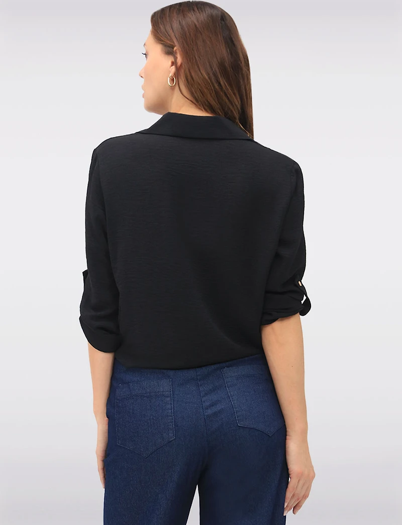 Elegant Button-Up Tie-Front Blouse with Adjustable Sleeves & Collar by Froccella
