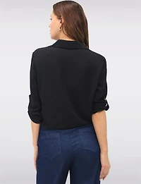 Elegant Button-Up Tie-Front Blouse with Adjustable Sleeves & Collar by Froccella