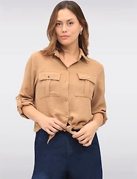 Elegant Button-Up Tie-Front Blouse with Adjustable Sleeves & Collar by Froccella