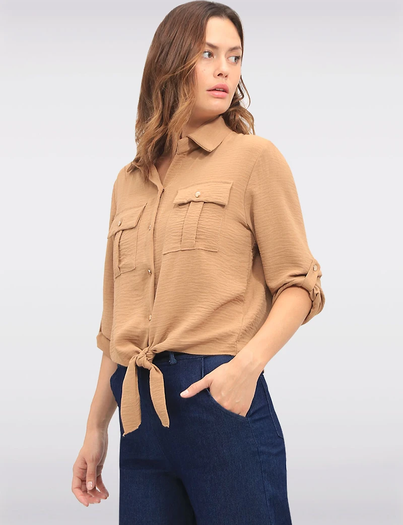 Elegant Button-Up Tie-Front Blouse with Adjustable Sleeves & Collar by Froccella