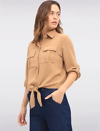 Elegant Button-Up Tie-Front Blouse with Adjustable Sleeves & Collar by Froccella