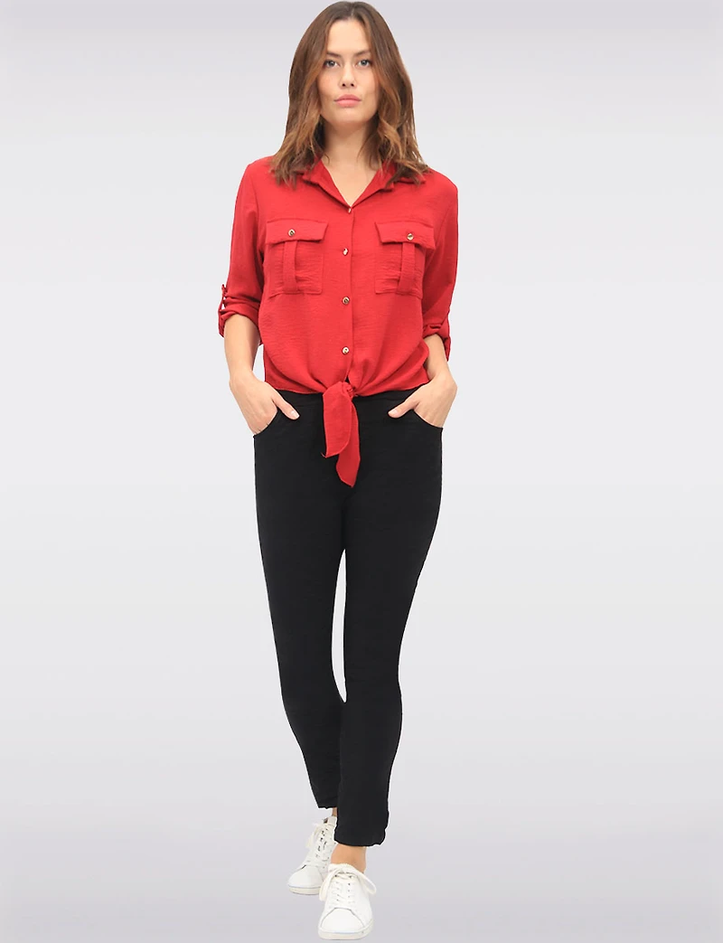 Elegant Button-Up Tie-Front Blouse with Adjustable Sleeves & Collar by Froccella