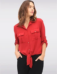 Elegant Button-Up Tie-Front Blouse with Adjustable Sleeves & Collar by Froccella
