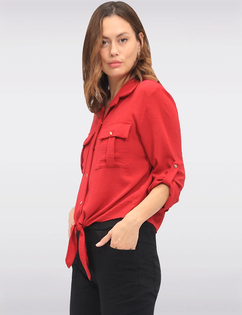 Elegant Button-Up Tie-Front Blouse with Adjustable Sleeves & Collar by Froccella