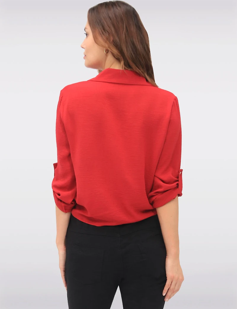 Elegant Button-Up Tie-Front Blouse with Adjustable Sleeves & Collar by Froccella