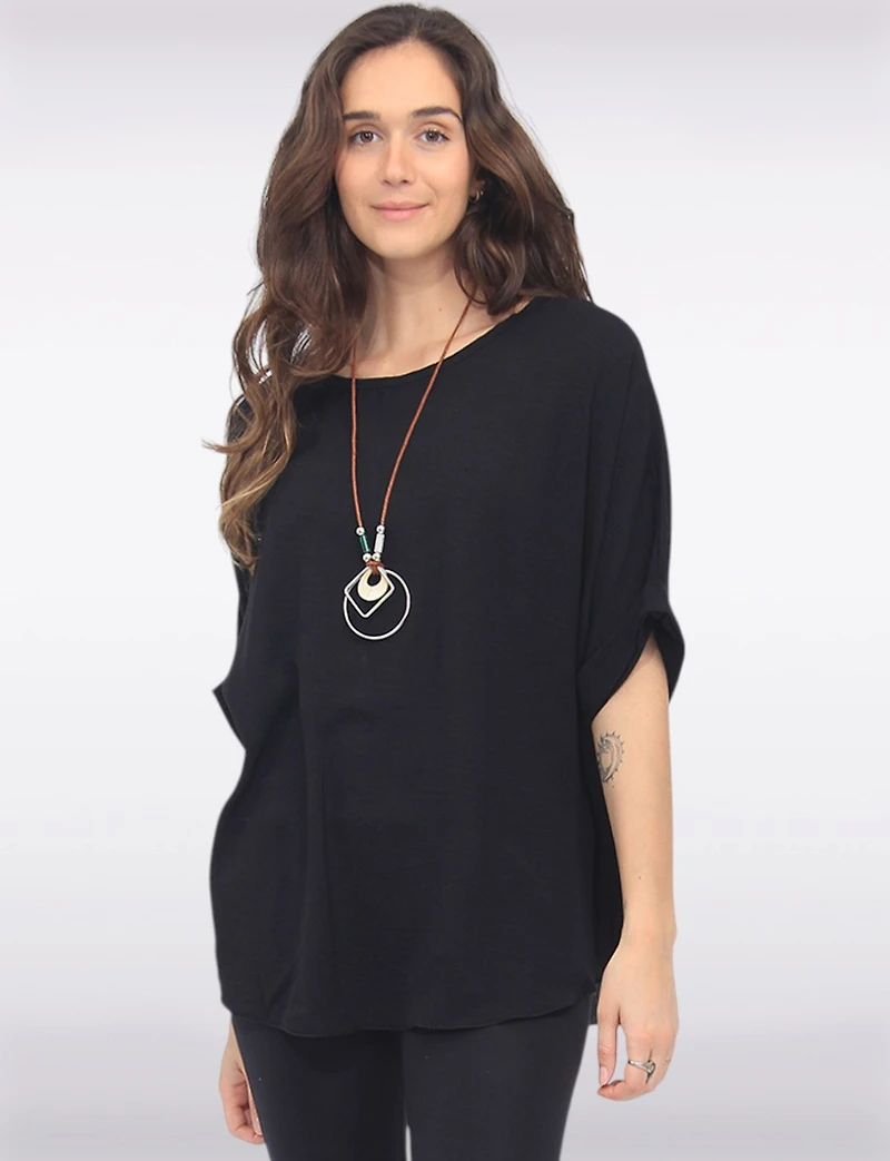 Chic Relaxed-Fit Solid Dolman Sleeve Top with Statement Necklace by Froccella