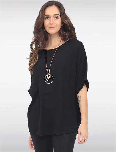 Chic Relaxed-Fit Solid Dolman Sleeve Top with Statement Necklace by Froccella