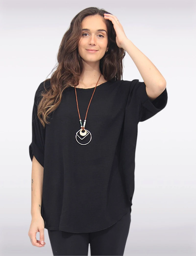 Chic Relaxed-Fit Solid Dolman Sleeve Top with Statement Necklace by Froccella
