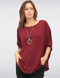 Chic Relaxed-Fit Solid Dolman Sleeve Top with Statement Necklace by Froccella