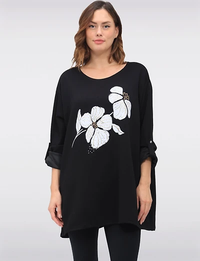Soft Stretch Knit Top with Floral Design & Adjustable Long Sleeves by Froccella