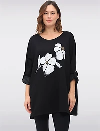 Soft Stretch Knit Top with Floral Design & Adjustable Long Sleeves by Froccella