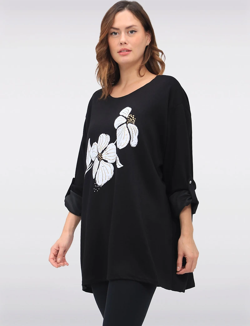 Soft Stretch Knit Top with Floral Design & Adjustable Long Sleeves by Froccella