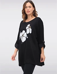 Soft Stretch Knit Top with Floral Design & Adjustable Long Sleeves by Froccella