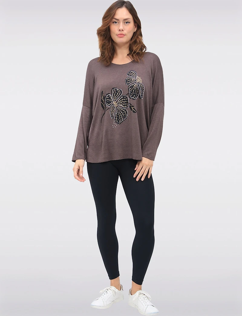 Floral Print Wool-Blend Knit Top with Foil and Rhinestone Detail by Froccella