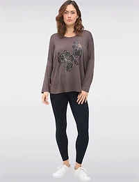 Floral Print Wool-Blend Knit Top with Foil and Rhinestone Detail by Froccella