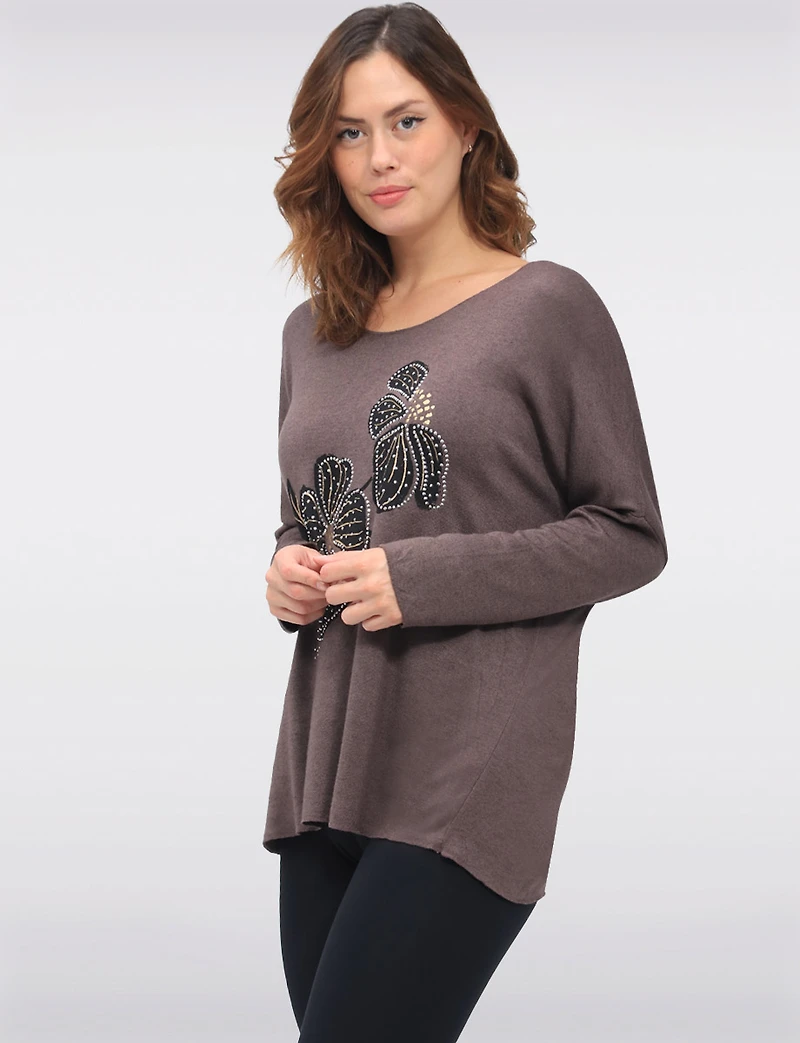 Floral Print Wool-Blend Knit Top with Foil and Rhinestone Detail by Froccella