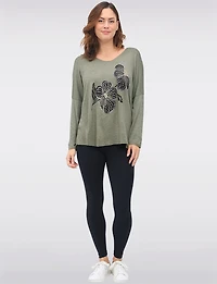 Floral Print Wool-Blend Knit Top with Foil and Rhinestone Detail by Froccella