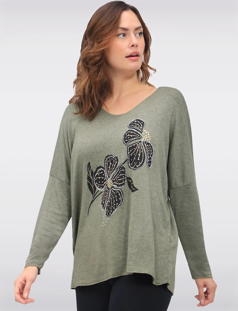 Floral Print Wool-Blend Knit Top with Foil and Rhinestone Detail by Froccella