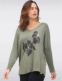 Floral Print Wool-Blend Knit Top with Foil and Rhinestone Detail by Froccella