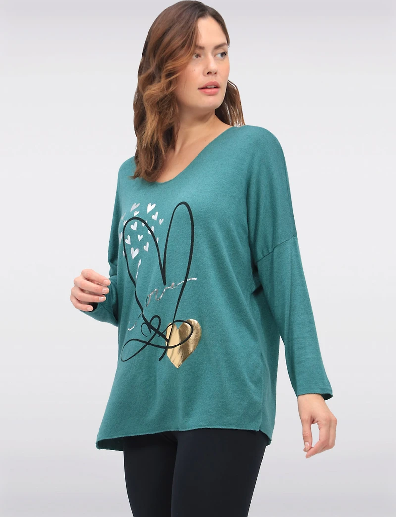 V-Neck Wool-Blend Knit Top with Foil Heart Detail by Froccella