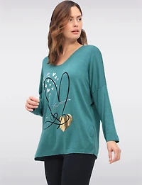 V-Neck Wool-Blend Knit Top with Foil Heart Detail by Froccella