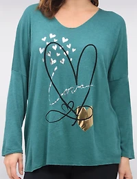V-Neck Wool-Blend Knit Top with Foil Heart Detail by Froccella